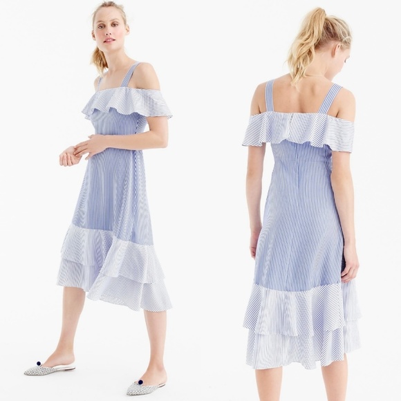 NEW J. Crew Striped Cold Shoulder Midi Silk Dress - Picture 2 of 8